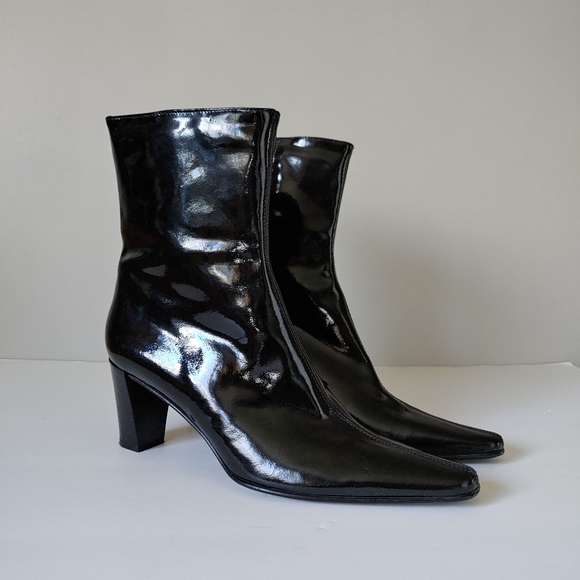 Aquatalia Boots Patent Leather Pointed Toe Block Heel Black Size 9 / 10 - Picture 2 of 15